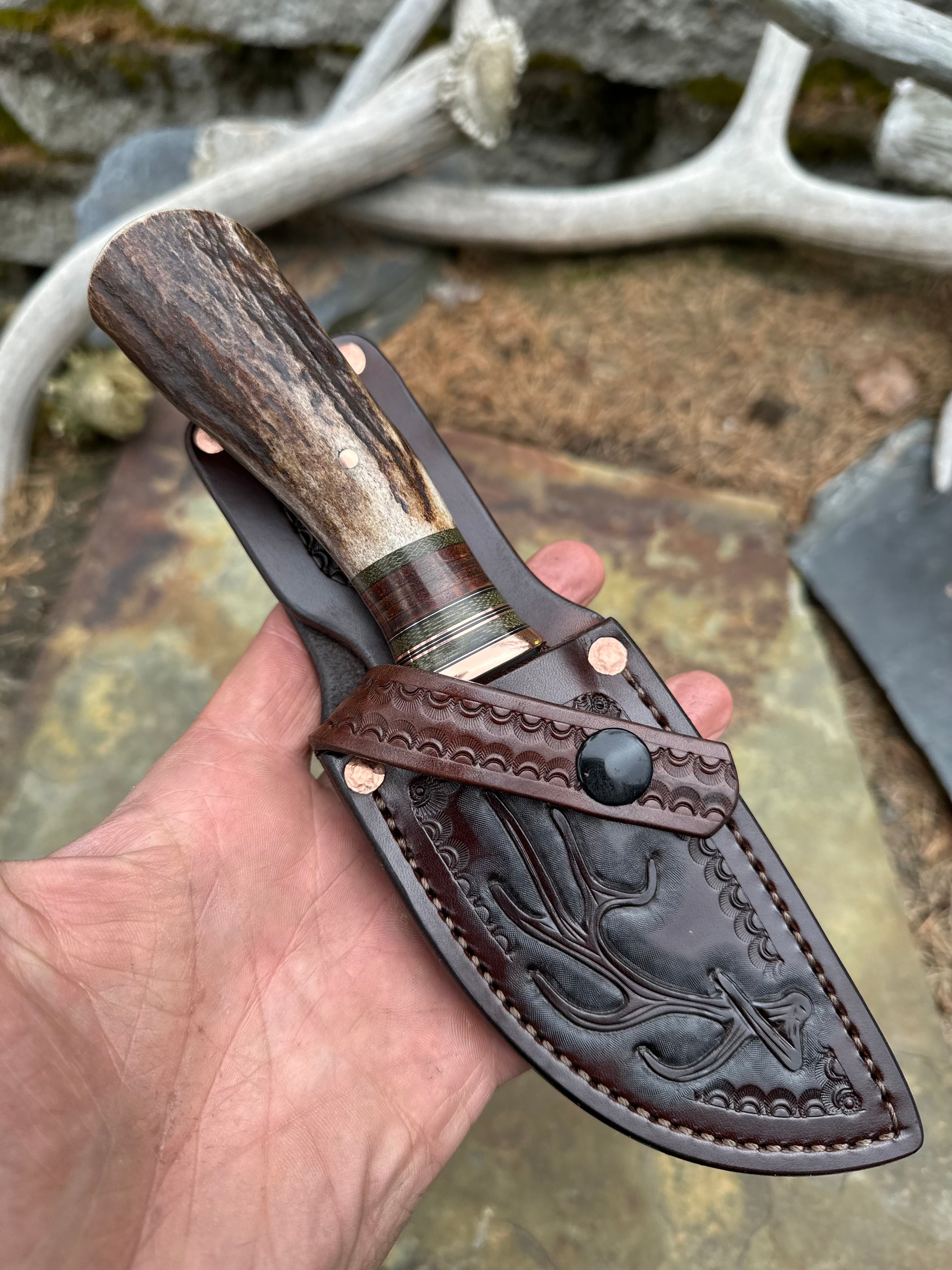 Moose Antler Clip Point Hunter w/ Elk Antler Themed Sheath