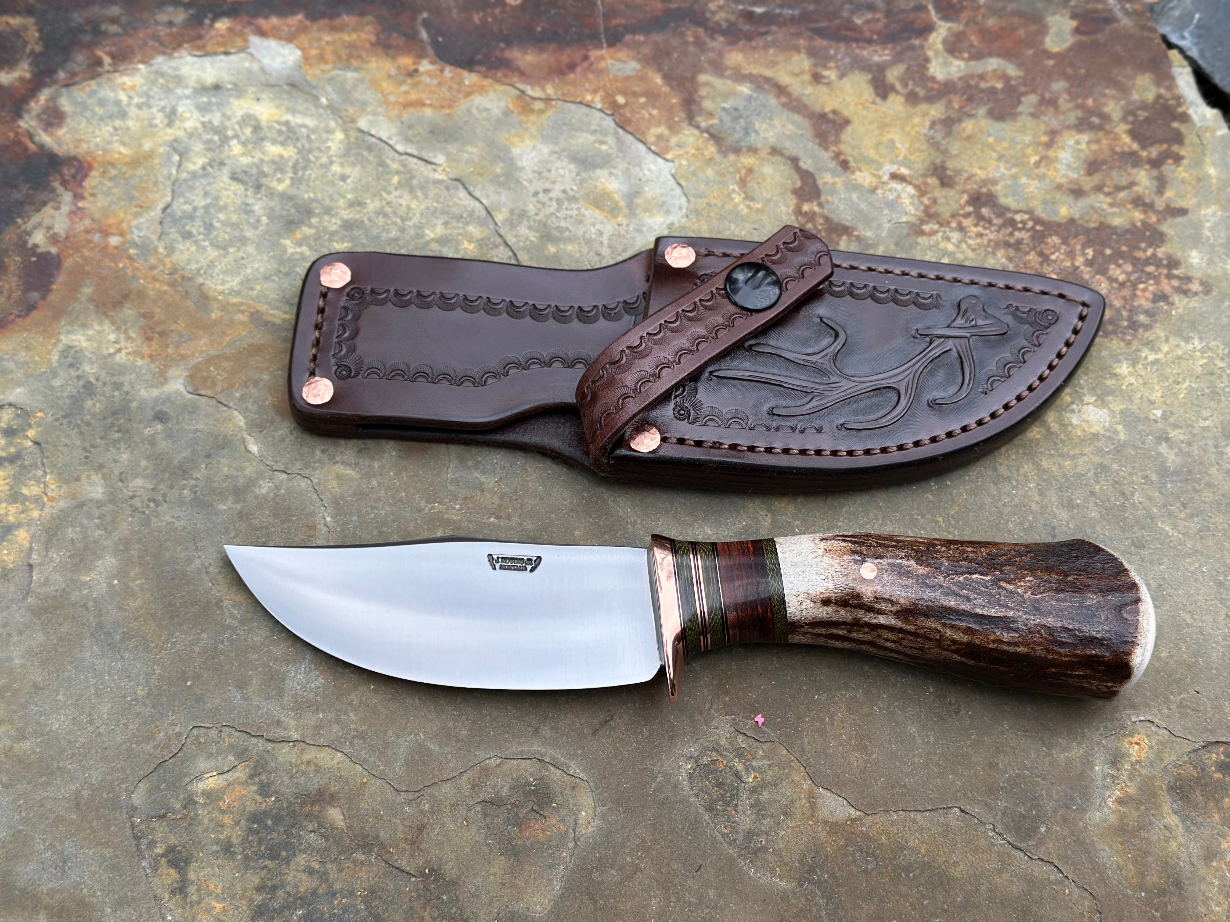 Moose Antler Clip Point Hunter w/ Elk Antler Themed Sheath