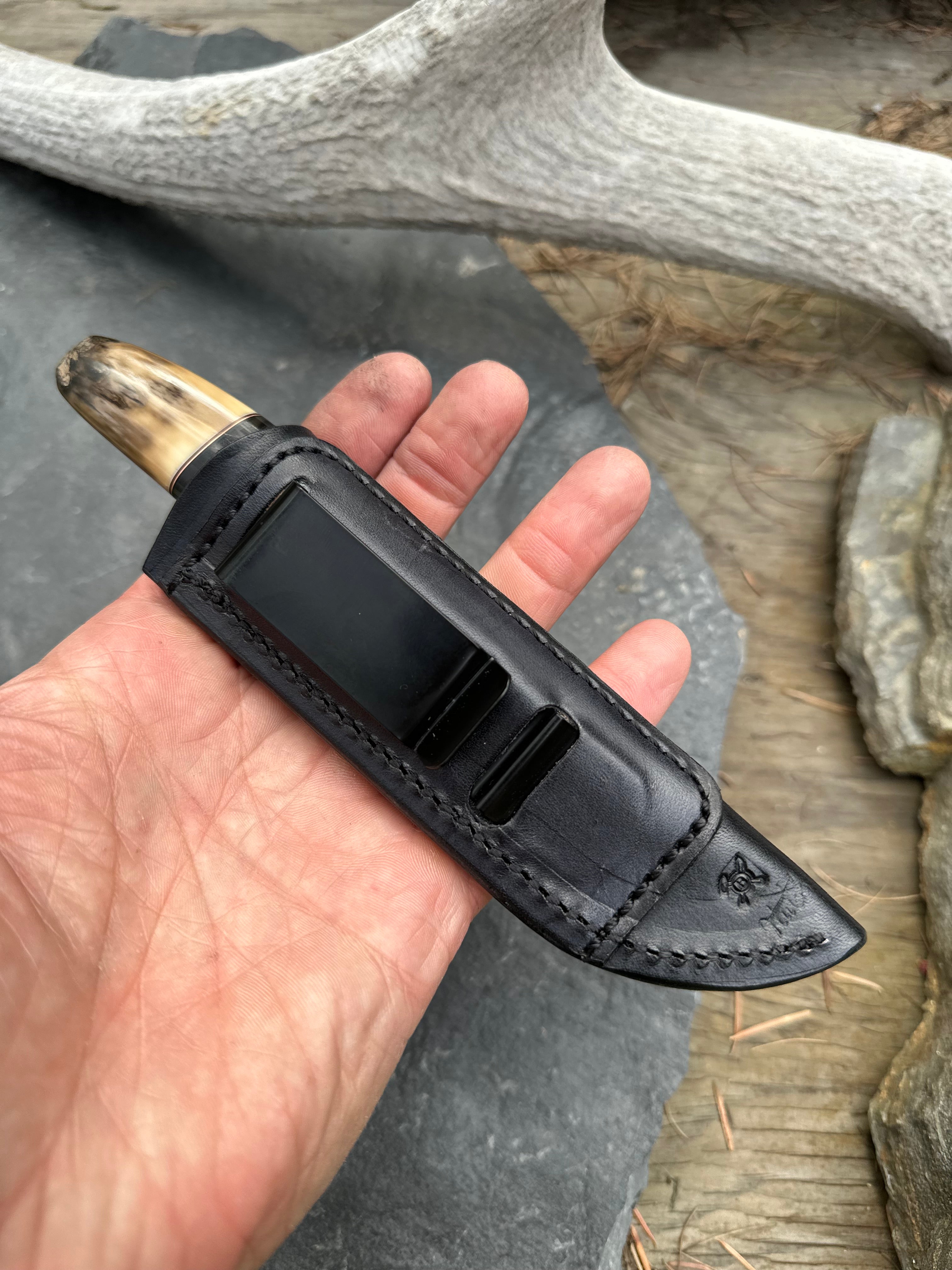 Fossilized Walrus Ivory & Big Horn Sheep Clip Hunter Pocket Knife