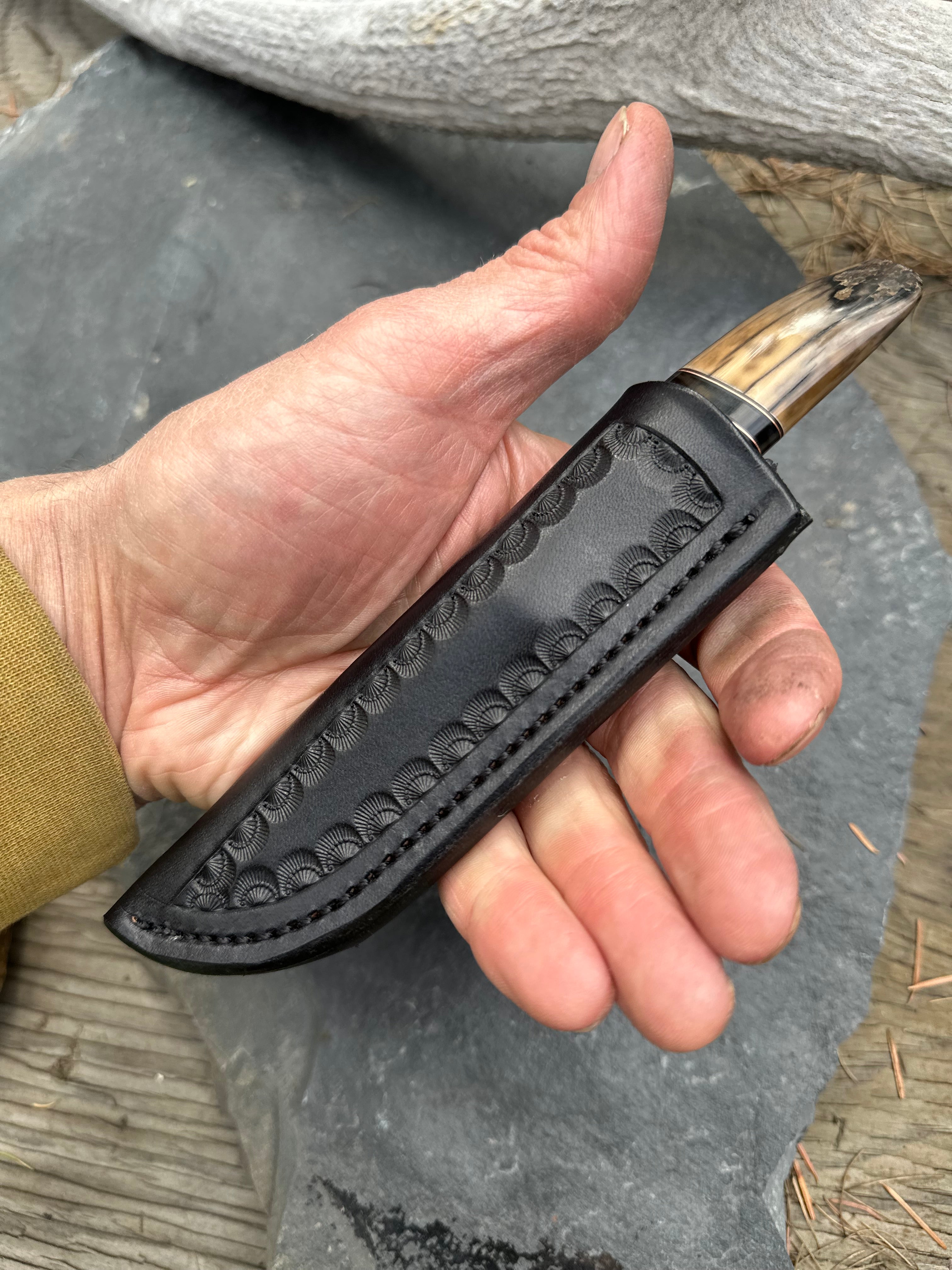 Fossilized Walrus Ivory & Big Horn Sheep Clip Hunter Pocket Knife