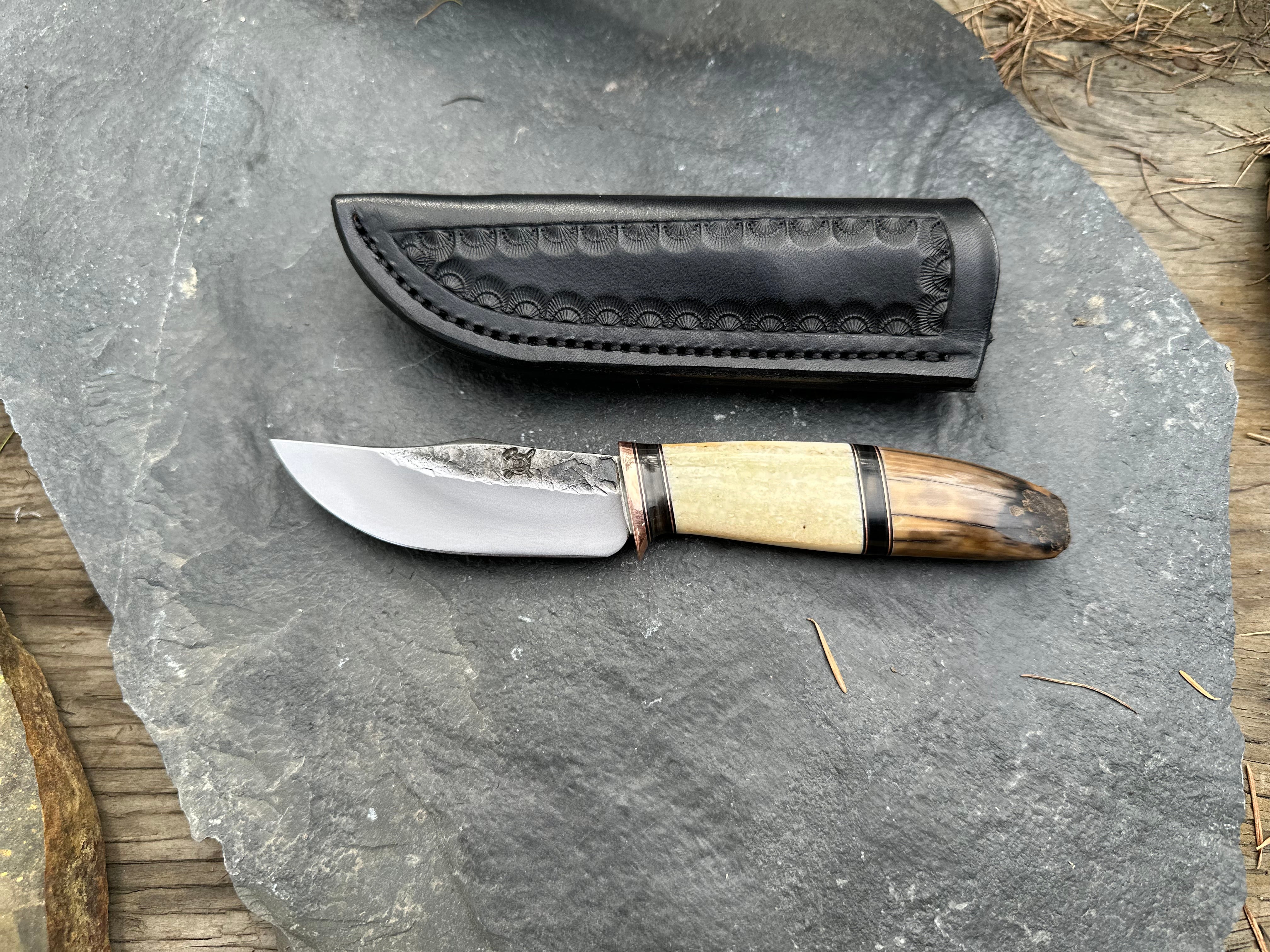 Fossilized Walrus Ivory & Big Horn Sheep Clip Hunter Pocket Knife