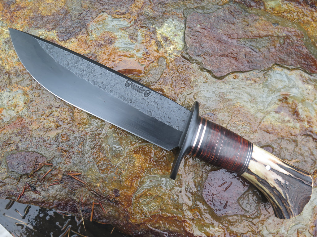 Sambar Crotch Stag and Horsehide Blued Drop Point Camp Knife