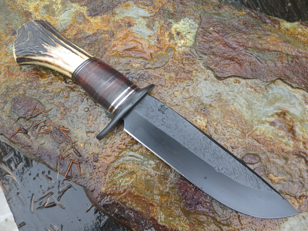 Sambar Crotch Stag and Horsehide Blued Drop Point Camp Knife
