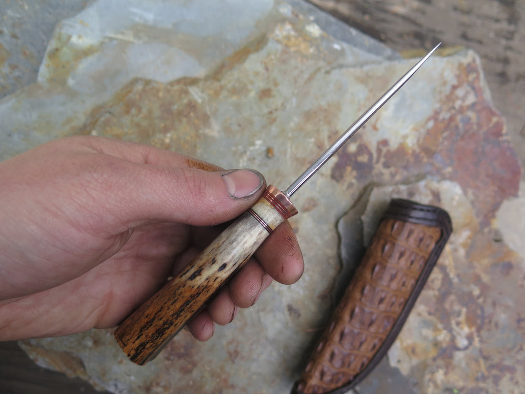 Premium Sambar Stag and Fossil Walrus Pocket Knife + Exotic inlay